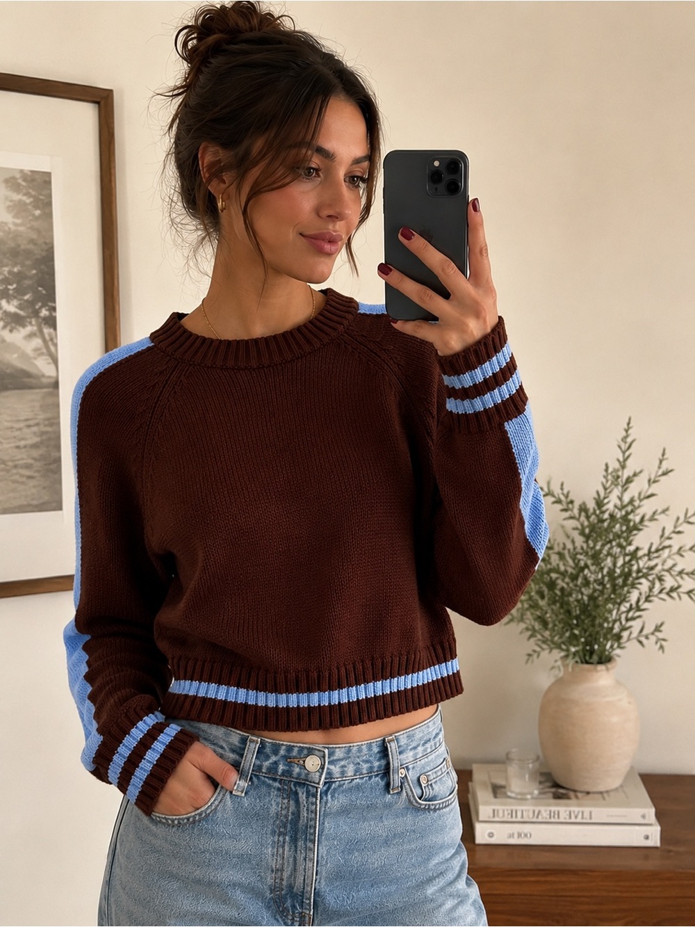 Zara Chocolate Brown Blue Stripe Cropped Knit Sweater Size M
